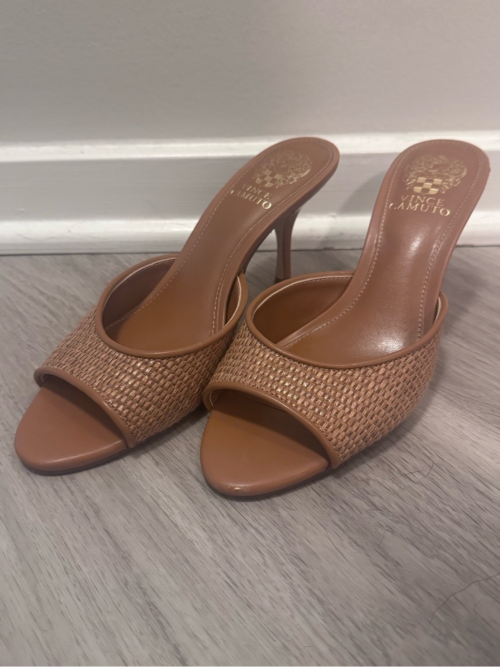 Vince Camuto Tan Woven Leather Mule Heels